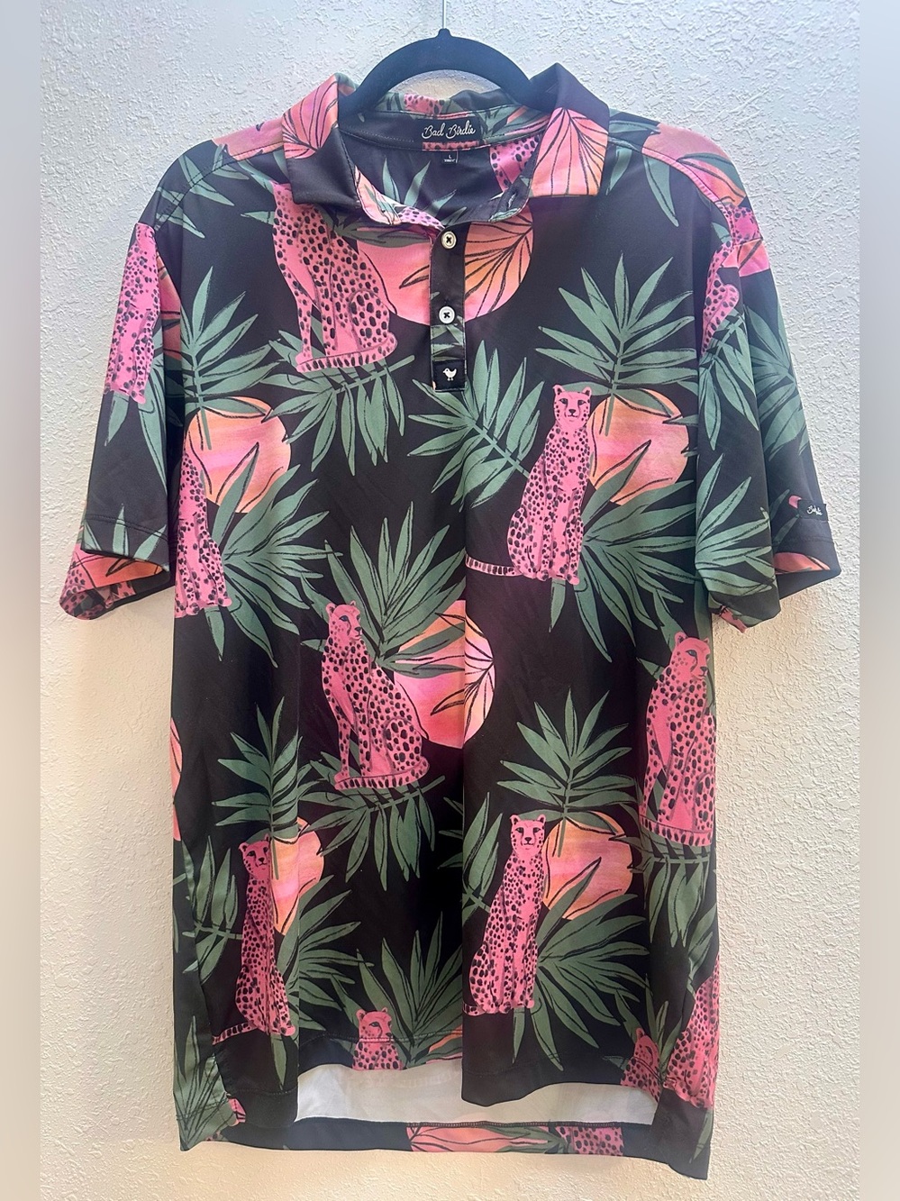 Bad Birdie Black Polo with Pink Leopard and Green Palm Print